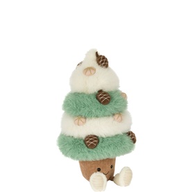 Jellycat multicolour Christmas tree plush toy with pine cone details, fluffy green tiers, and small character face, small size