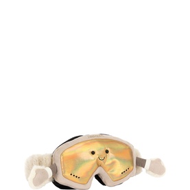 Jellycat Amuseables ski goggle plush toy in cream with iridescent lenses, fluffy ear muffs, and embroidered smiley face