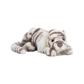 Jellycat grey and white snow tiger plush toy, lying pose with striped markings and soft fluffy fur, medium size