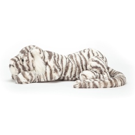 Jellycat grey and white striped snow tiger plush toy, lying down pose with fluffy mane, medium size