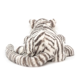Jellycat grey and white striped tiger plush soft toy, seen from behind, with curled tail and striped fur detail.