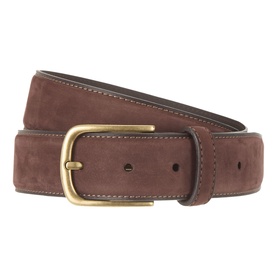 Kempt Suede Belt in brown with antique gold square buckle, contrast stitching, and belt keeper loop