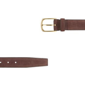 Kempt Suede Belt in brown with gold-tone square buckle, belt keeper loop, contrast stitching detail, and squared tip.
