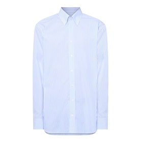 Kempt Stripe Single-Cuff Shirt in blue and white, button-down collar, long sleeves, button placket, curved hem