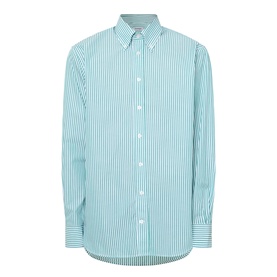Kempt Stripe Single-Cuff Shirt in green and white, button-down collar, long sleeves, curved hem, cotton