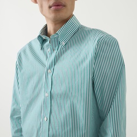 Model wearing Kempt Stripe Single-Cuff Shirt in green and white, showing button-down collar and long sleeves in a close-up crop.