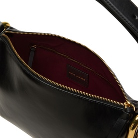 Marc Jacobs Scene Logo Shoulder Bag in black leather, open top-zip showing burgundy interior lining and gold-toned zip hardware detail.