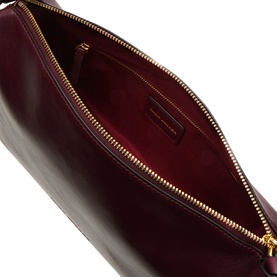 Marc Jacobs Scene Logo Shoulder Bag in dark port leather, open top-zip view showing burgundy interior lining and gold-toned zip hardware