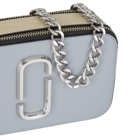 Marc Jacobs The Colourblock Chain Snapshot in Wolf Grey Multi Stripe, silver-tone chain strap and J-logo hardware, close-up detail shot