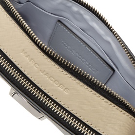 Marc Jacobs The Colourblock Chain Snapshot crossbody in Wolf Grey Multi Stripe, showing open interior with grey lining and silver-tone dual zip