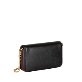 Marc Jacobs The Snapshot On Chain Wallet in black multi leather, gold-toned curb chain strap, flap closure, burgundy base detail
