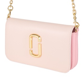 Marc Jacobs The Snapshot On Chain Wallet in powder pink multi, smooth leather, gold-toned hardware, flap closure, curb chain strap