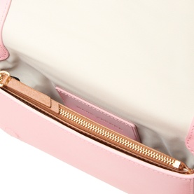 Marc Jacobs The Snapshot On Chain Wallet in powder pink multi, interior view showing gold-toned zip pocket and card slot against cream lining
