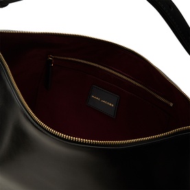 Marc Jacobs The Scene Large Shoulder Bag in black leather, open showing burgundy interior lining, zip pocket and gold-tone zip fastening