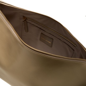 Marc Jacobs The Scene Large Shoulder Bag in Light Slate, open interior view showing brown lining, zip pocket, and gold-tone hardware detail