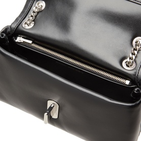 Marc Jacobs Scene Chain Mini Bag in black leather, open to reveal silver-tone zip internal pocket and chain strap detail