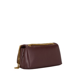 Marc Jacobs The Dual Chain Mini Bag in dark port smooth leather with gold-tone chain strap and foldover flap, side angle view