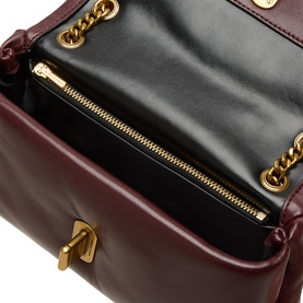Marc Jacobs The Dual Chain Mini Bag in dark port, open top view showing black interior, zip pocket and gold-tone chain strap