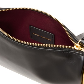Marc Jacobs Scene Small Shoulder Bag in black leather, open to reveal burgundy interior lining, gold-toned zip hardware