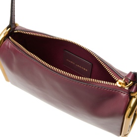 Marc Jacobs Scene Small Shoulder Bag in dark port leather, open zip-top view showing burgundy interior with gold-toned hardware