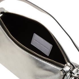 Marc Jacobs Scene Small Shoulder Bag in silver metallic leather, open zip-top view showing interior lining and silver-toned zipper hardware