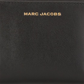 Marc Jacobs The Scene Slim Compact Wallet in black smooth leather with gold-tone logo lettering on front