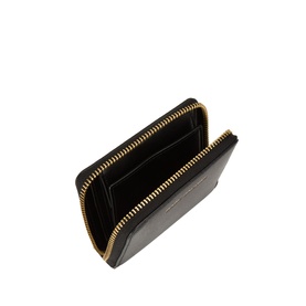 Marc Jacobs The Scene Slim Compact Wallet in black leather, open view showing card slots and zip-around gold-tone hardware closure
