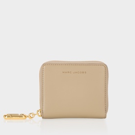 Marc Jacobs The Scene Slim Compact Wallet in light slate leather, gold-tone zip and statement charm, embossed logo detail