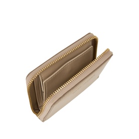 Marc Jacobs The Scene Slim Compact Wallet in Light Slate leather, open to show card slots, with gold-tone zip-around hardware
