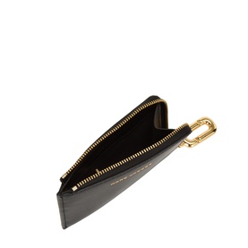 Marc Jacobs The Scene Top Zip Multi Wallet in black leather, open showing interior, gold-tone zip and statement charm fastening