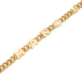 Marc Jacobs The Logo Chain Shoulder Strap in gold-tone metal with raised logo lettering links and curb chain design.