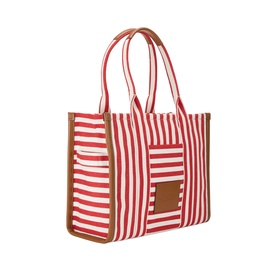 Marc Jacobs The Stripe Canvas Large Tote Bag in True Red Multi, red and white stripe canvas with tan leather trim and gold-tone hardware
