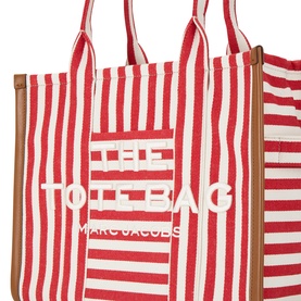 Marc Jacobs The Stripe Canvas Large Tote Bag in true red multi, bold red and white stripes, embossed logo lettering, tan leather trim, gold-tone