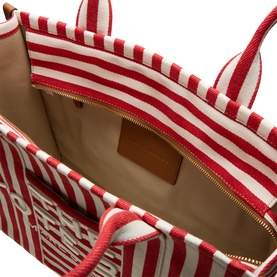 Marc Jacobs The Stripe Canvas Large Tote Bag in True Red Multi, open top view showing striped interior, gold-tone zip fastening and leather trim