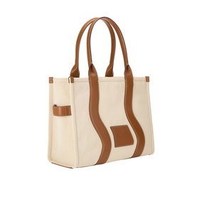 Marc Jacobs The Wavy Canvas Large Tote Bag in beige/argan oil with tan leather trim, wavy detailing, gold-tone hardware and carry handles
