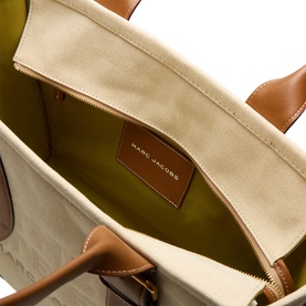 Marc Jacobs The Wavy Canvas Large Tote Bag in beige/argan oil, interior view showing canvas lining, zip pocket and tan leather trim