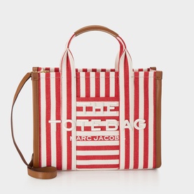 Marc Jacobs The Striped Canvas Medium Tote Bag in True Red Multi, red and white stripes, tan leather trim, dual top handles and crossbody strap