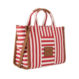 Marc Jacobs The Striped Canvas Medium Tote Bag in True Red Multi, bold red and white stripes, tan leather handles, trim and logo patch