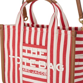 Marc Jacobs The Striped Canvas Medium Tote Bag in True Red Multi, canvas with embossed logo, tan leather top handles and gold hardware
