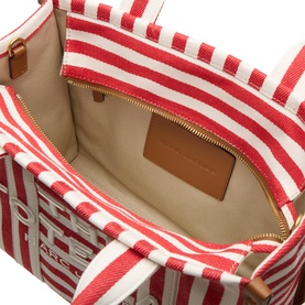Marc Jacobs The Striped Canvas Medium Tote Bag in True Red Multi, open top view showing striped interior lining, zip pocket and gold-tone hardware.