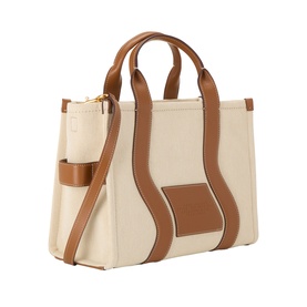 Marc Jacobs The Wavy Canvas Medium Tote Bag in beige and argan oil with tan leather wave detailing, gold-tone hardware, and top handles