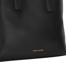 Marc Jacobs The Pop J Marc Work Tote in black grained leather with gold-tone foil logo detail, close-up view