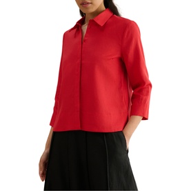 Model wearing Hobbs salsa red relaxed shirt with three-quarter sleeves, chest pocket, and classic collar, styled with black wide-leg trousers.