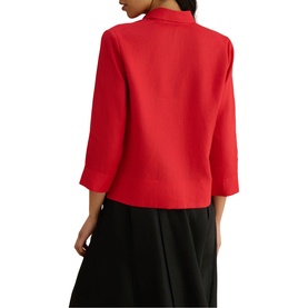 Model wearing Hobbs salsa red three-quarter sleeve jacket, shown from the back, styled with a black skirt.