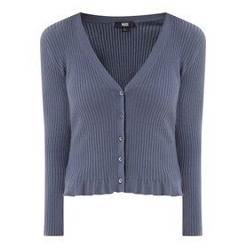 Paige Pacific Blue ribbed cardigan with V-neckline, button front, and long sleeves in cotton-silk blend