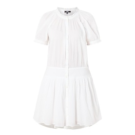 Paige white cotton mini dress with pleated bodice, puff sleeves, gathered skirt, and button-front detail