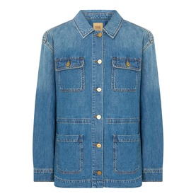 Paige denim jacket in La Verne blue with gold-tone buttons, four patch pockets, and a classic collar
