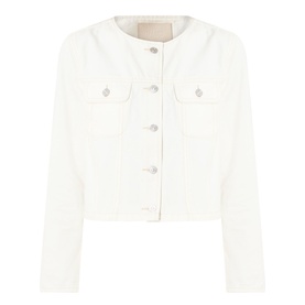 Paige cropped jacket in Toasted Ecru, collarless design with button front, chest pockets and silver-tone buttons