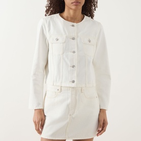 Model wearing Paige Toasted Ecru cotton jacket with chest pockets and silver buttons, styled with a white mini skirt