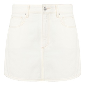Paige Ladies Denim Waist Skirt in Toasted Ecru, A-line mini silhouette with five-pocket styling and contrast stitching detail.